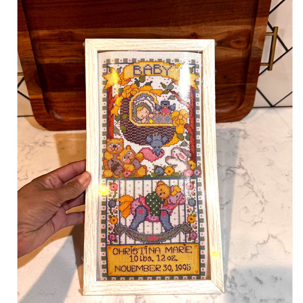 vintage baby birth record cross-stitch sampler framed teddy bears vintage 90s